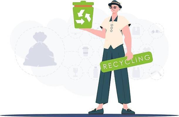 EPS 해외이미지 전신 남자 일러스트 한명 서기 들기 성인 재활용 쓰레기통 보호 에코 친환경 성인남자한명만 해외202309 해외일러스트 1 컨셉 모션 사람 환경 남자한명만 성인남자만 파일형식 벡터