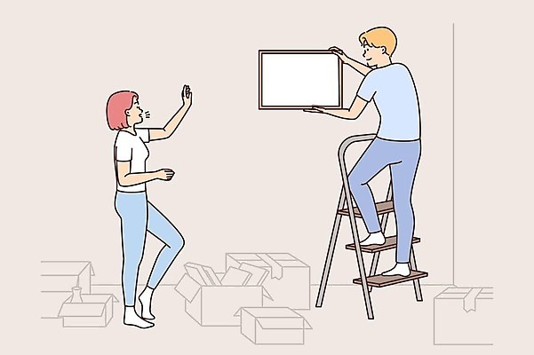 EPS 해외이미지 전신 부부 여자 남자 행복 액자 일러스트 사다리 성인 두명 상자 이사 성인만 해외202309 해외일러스트 커플 감정 사람 도구 파일형식 벡터