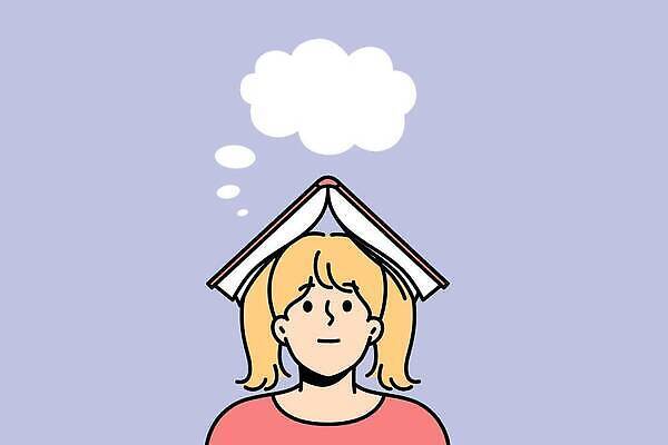 EPS 해외이미지 여자 교육 일러스트 상상 청소년 한명 상반신 책 머리위 십대여자한명만 해외202309 해외일러스트 1 사람 여자한명만 십대여자만 파일형식 벡터