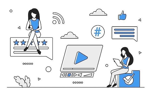 EPS 해외이미지 전신 여자 일러스트 비즈니스 성인 두명 파란색 디지털 정보 업무 스마트 분석 온라인 경영 데이터베이스 동영상창 별점 인터페이스 해외202310 해외일러스트 컬러 컨셉 사람 작업 점수 평가 동영상 파일형식 벡터