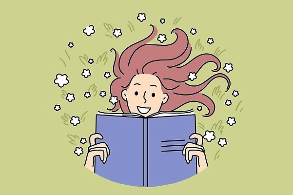 EPS 해외이미지 라이프스타일 여자 꽃 일러스트 한명 들기 상반신 성인 책 눕기 독서 긍정 긍정적 성인여자한명만 해외202309 해외일러스트 식물 1 감정 컨셉 모션 사람 생활 여자한명만 성인여자만 파일형식 벡터