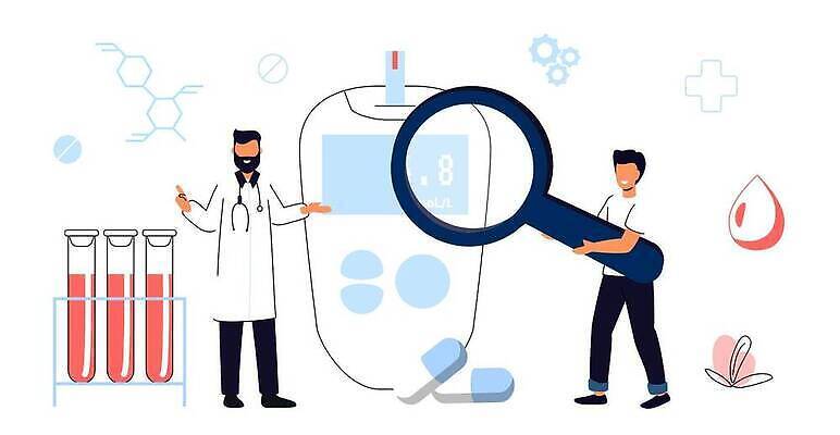 EPS 해외이미지 전신 남자 일러스트 돋보기 들기 손짓 성인 두명 알약 건강관리 의사 시험관 당뇨병 시험관대 혈당 혈당계 성인남자만 해외202309 해외일러스트 모션 건강 실험기구 관리 사람 약 의료진 의료용품 혈액 질병 남자만 성인만 파일형식 벡터