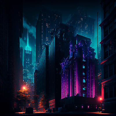 JPG 해외이미지 가로등 일러스트 미래 사람없음 건물 빛 고층빌딩 어둠 도시 도심 네온 청록색 스카이라인 빌딩숲 해외202309 해외일러스트 건축물 공공시설 컬러 컨셉 빌딩 파일형식