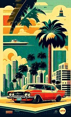 JPG 해외이미지 포스터 도로 여행 일러스트 자동차 사람없음 건물 야자수 태양 도시 빈티지 복고 마이애미 해외202309 해외일러스트 자연요소 나무 건축물 길 육상교통 컨셉 교통시설 파일형식