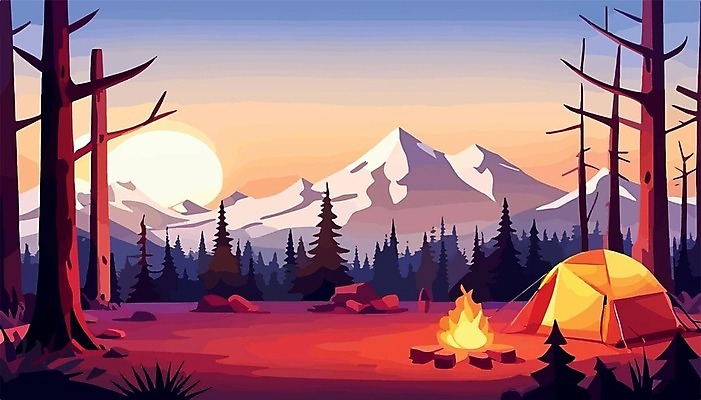 EPS 해외이미지 나무 여행 일러스트 산 텐트 사람없음 캠핑 모닥불 캠핑장 해외202309 해외일러스트 식물 불 레저 캠핑도구 파일형식 벡터