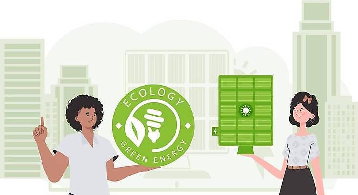 EPS 해외이미지 여자 남자 잎 일러스트 들기 손짓 상반신 성인 두명 초록색 원형 그린에너지 심볼 에코 친환경 집열판 성인만 해외202309 해외일러스트 도형 식물 컬러 모션 사람 환경 에너지 태양에너지 파일형식 벡터