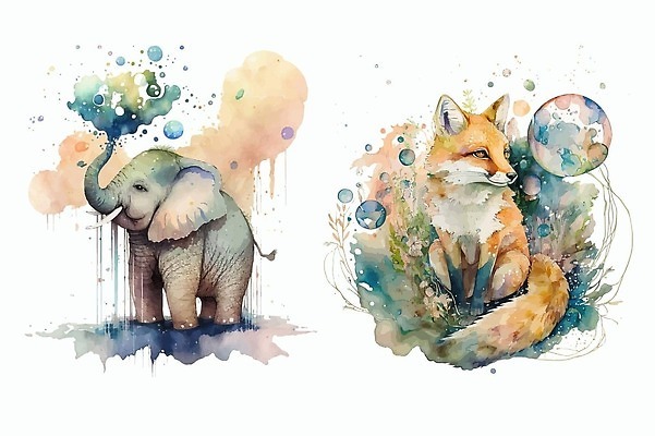 EPS 해외이미지 일러스트 코끼리 사람없음 귀여움 물방울 여우 번짐 해외202309 해외일러스트 컨셉 포유류 파일형식 벡터 효과