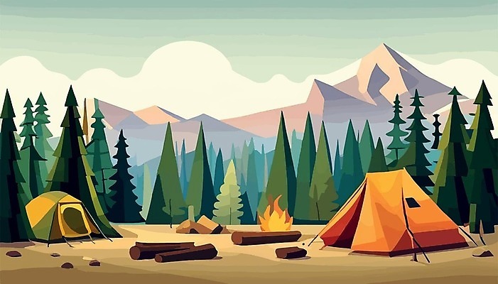 EPS 해외이미지 나무 여행 일러스트 산 텐트 사람없음 캠핑 모닥불 캠핑장 해외202309 해외일러스트 식물 불 레저 캠핑도구 파일형식 벡터