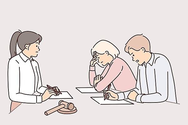 EPS 해외이미지 여자 남자 일러스트 상반신 성인 세명 펜 기록 고민 의사봉 계약서 이혼 성인만 해외일러스트 감정 사람 필기구 파일형식 벡터