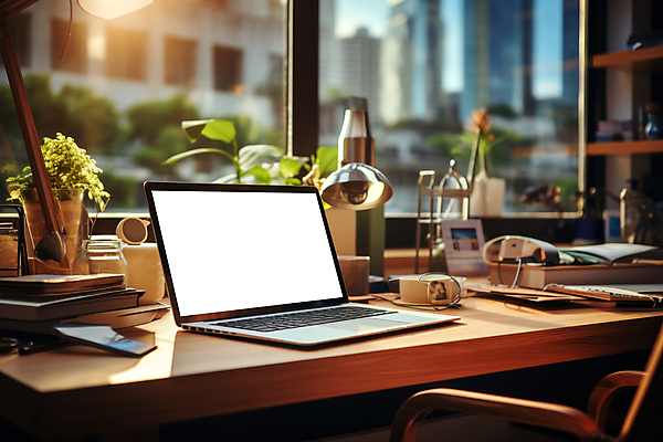 포토 JPG 해외이미지 창문 직장 실내 사람없음 노트북 사무실 작업실 나무책상 해외202309 해외포토 회사 비즈니스 내부 목재 전자제품 책상 파일형식