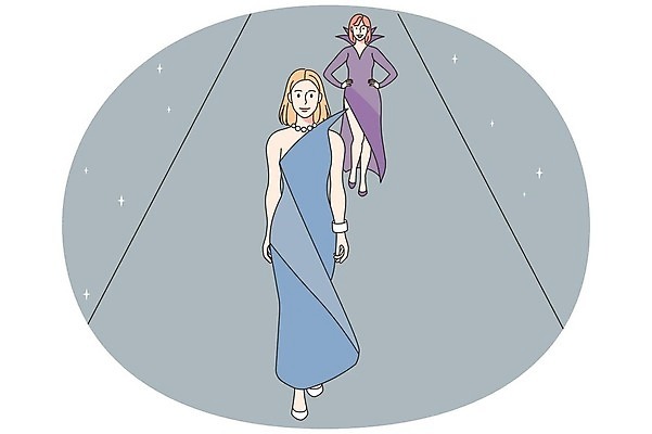 EPS 해외이미지 전신 옷 여자 패션 행복 일러스트 성인 두명 화려 패션쇼 런웨이 성인여자만 해외202309 해외일러스트 감정 컨셉 사람 쇼 여자만 성인만 파일형식 벡터