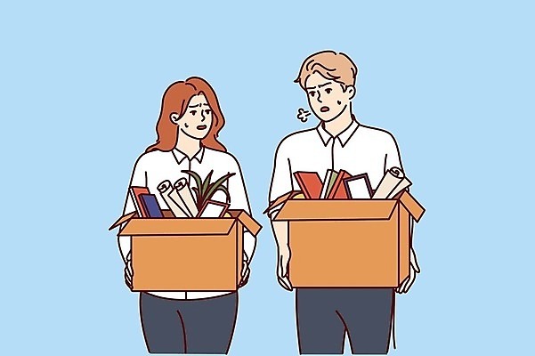 EPS 해외이미지 여자 남자 일러스트 노동자 들기 상반신 성인 두명 상자 비즈니스맨 좌절 실업 성인만 해외202309 해외일러스트 직업 감정 컨셉 비즈니스 모션 사람 직장인 파일형식 벡터