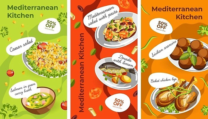 EPS 해외이미지 그릇 접시 일러스트 파스타 요리 사람없음 빨간색 초록색 세트 세일 주황색 지중해 닭다리 생선구이 시저샐러드 해외202309 해외일러스트 식기 바다 컬러 서양음식 샐러드 구이 생선요리 파일형식 벡터