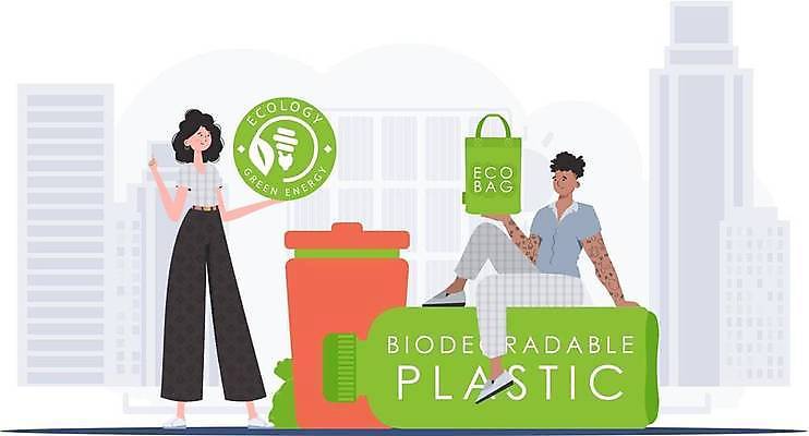 EPS 해외이미지 전신 여자 남자 잎 일러스트 서기 들기 앉기 성인 두명 초록색 쓰레기통 원형 그린에너지 심볼 에코 친환경 에코백 플라스틱병 성인만 해외202309 해외일러스트 도형 식물 컬러 가방 모션 사람 환경 에너지 플라스틱 병_담는 파일형식 벡터