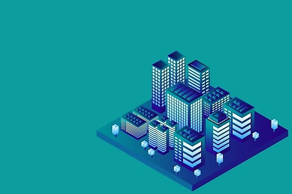 EPS 해외이미지 백그라운드 일러스트 빌딩 사람없음 건물 도시 네온 청록색 아이소메트릭 해외202309 해외일러스트 건축물 컬러 파일형식 벡터