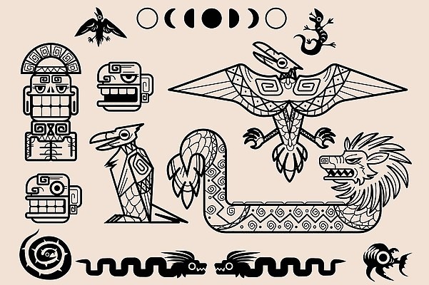 EPS 해외이미지 클립아트 디자인 문화 백그라운드 패턴 일러스트 멕시코 미술 그래픽 장식 세트 달력 달 용 뱀 역사 인쇄 수집 문신 심볼 사인 그림 도마뱀 점성술 신화 천문학 기하학 마야 단계 부족 고립 몬스터 아즈텍 엘리먼트 잉카 페루 벡터 해외202309 해외일러스트 자연요소 교육 컨셉 북아메리카 무늬 파충류 문화예술 남아메리카 마야문명 파일형식