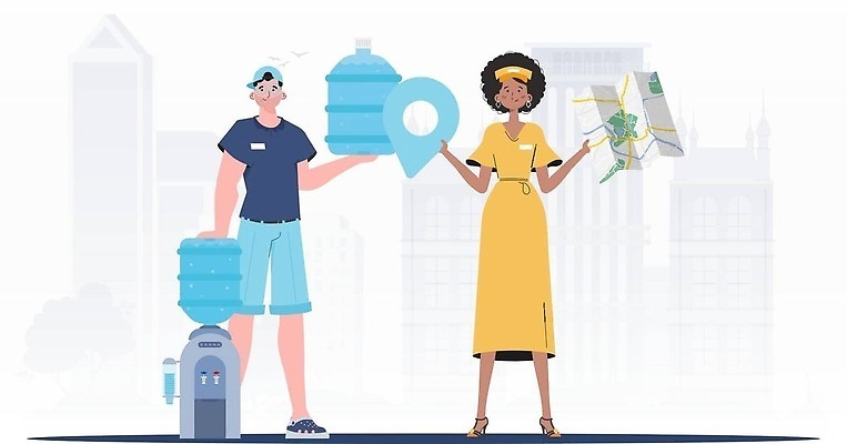 EPS 해외이미지 여자 남자 지도 일러스트 들기 성인 두명 물 노란색 기댐 신선 물통 배송 위치 정수기 성인만 해외202309 해외일러스트 자연요소 컬러 모션 사람 파일형식 벡터