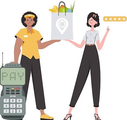 EPS 해외이미지 전신 여자 남자 유니폼 채소 일러스트 들기 성인 두명 쇼핑백 암호 배송 택배 성인만 해외202309 해외일러스트 옷 가방 모션 사람 운송업 파일형식 벡터