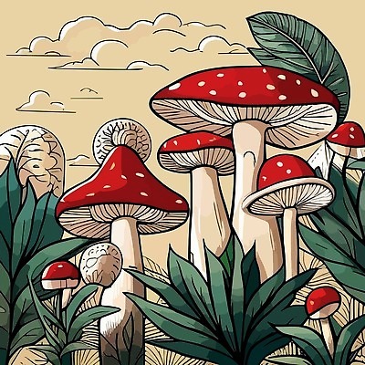 EPS 해외이미지 일러스트 풍경 사람없음 버섯 풀잎 신비 베이지색 해외일러스트 컬러 컨셉 잎 풀_식물 파일형식 벡터