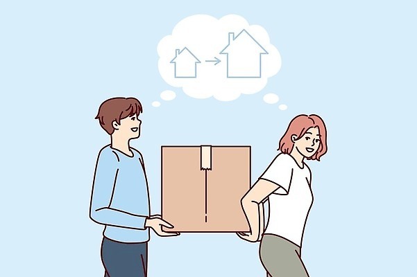 EPS 해외이미지 여자 남자 이동 일러스트 주택 들기 상반신 성인 두명 상자 운반 이사 이삿짐 성인만 해외202309 해외일러스트 컨셉 모션 사람 건물 파일형식 벡터