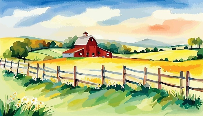 EPS 해외이미지 나무 일러스트 하늘 주택 사람없음 울타리 농장 봄 들꽃 분위기 해외202309 해외일러스트 식물 계절 꽃 컨셉 농업 건물 담장 파일형식 벡터