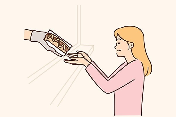 EPS 해외이미지 손 여자 행복 일러스트 한명 상반신 성인 주기 핫도그 획득 성인여자한명만 해외202309 해외일러스트 1 감정 음식 모션 패스트푸드 사람 신체부위 여자한명만 성인여자만 파일형식 벡터