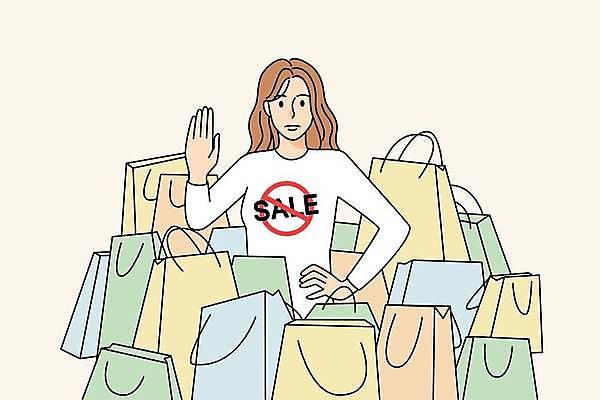 EPS 해외이미지 여자 일러스트 한명 상반신 성인 쇼핑 쇼핑백 세일 금지 거절 과소비 성인여자한명만 해외202309 해외일러스트 1 컨셉 가방 사람 소비 여자한명만 성인여자만 파일형식 벡터