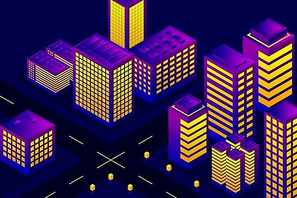 EPS 해외이미지 도로 백그라운드 일러스트 빌딩 사람없음 건물 보라색 도시 네온 아이소메트릭 해외202309 해외일러스트 건축물 길 컬러 교통시설 파일형식 벡터