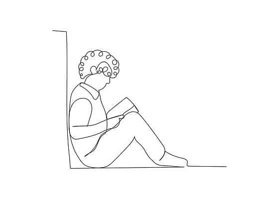 EPS 해외이미지 디자인 선 일러스트 미술 앉기 소년 장식 책 스터디 독서 낙서 스케치 그림 윤곽 엘리먼트 벡터 반복 해외202309 해외일러스트 남자 어린이 모션 문화예술 학습 파일형식