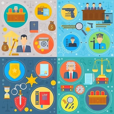 EPS 해외이미지 디자인 일러스트 사람모양 사람없음 세트 플랫 경찰 법률가 판사 재판 변호사 엘리먼트 해외202309 해외일러스트 모양 직업 법 파일형식 벡터