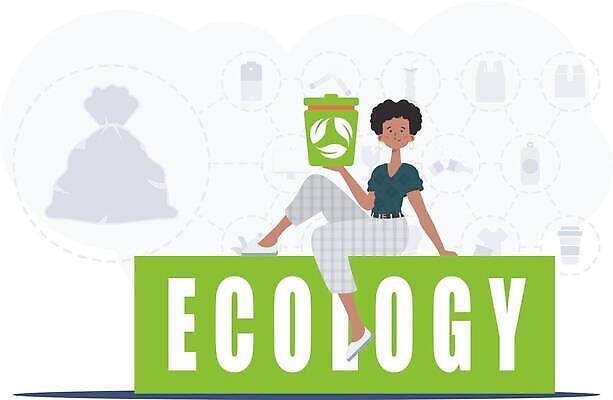 EPS 해외이미지 전신 여자 일러스트 한명 들기 앉기 성인 재활용 쓰레기통 보호 에코 친환경 성인여자한명만 해외202309 해외일러스트 1 컨셉 모션 사람 환경 여자한명만 성인여자만 파일형식 벡터