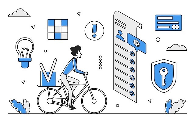 EPS 해외이미지 전신 남자 일러스트 비즈니스 한명 성인 파란색 디지털 자전거 정보 업무 스마트 분석 확인 온라인 경영 데이터베이스 인터페이스 성인남자한명만 해외202310 해외일러스트 1 컬러 컨셉 사람 바이크 작업 남자한명만 성인남자만 파일형식 벡터