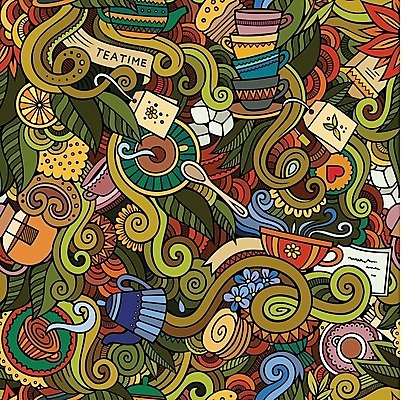 EPS 해외이미지 꽃 줄기 백그라운드 패턴 과일 일러스트 추상 사람없음 컬러풀 연기 낙서 찻잔 티스푼 컵받침 티백 해외202309 해외일러스트 식물 컬러 무늬 잔 차_음료 숟가락 받침대 파일형식 벡터