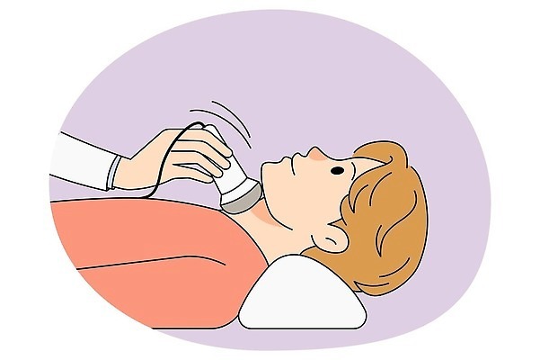 EPS 해외이미지 손 남자 일러스트 한명 들기 상반신 성인 신체부위 눕기 진료 갑상선 초음파검사 성인남자한명만 해외202309 해외일러스트 1 신체 의학 모션 사람 검사_조사 남자한명만 성인남자만 파일형식 벡터