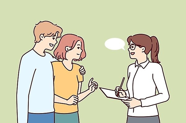 EPS 해외이미지 커플 여자 남자 종이 일러스트 대화 들기 상반신 성인 세명 기록 성인만 안경낌 해외202309 해외일러스트 안경 관계 모션 말하기 사람 파일형식 벡터