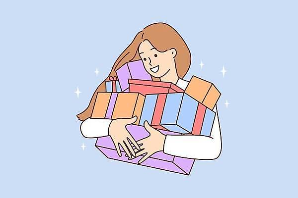 EPS 해외이미지 여자 행복 일러스트 안기 한명 들기 상반신 성인 선물상자 반짝임 성인여자한명만 해외202309 해외일러스트 1 감정 모션 선물 사람 상자 여자한명만 성인여자만 파일형식 벡터