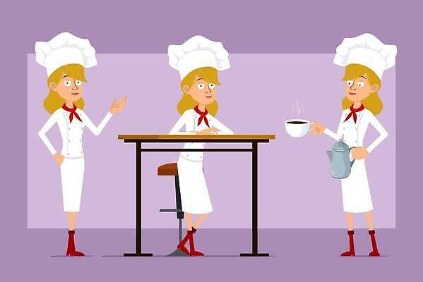 EPS 해외이미지 캐릭터 그릇 접시 여자 행복 얼굴 커피 음식 포즈 유니폼 일러스트 호텔 주전자 휴식 말하기 요리 서기 컵 세트 주방 식당 요리사 분노 표현 신선 업무 바 뜨거움 플랫 냄비 만화 사인 애니메이션 고립 제빵사 스타일 벡터 해외202309 해외일러스트 일러캐릭터 직업 식기 옷 감정 음료 컨셉 모션 숙소 주방용품 사람 신체부위 상점 작업 솥 파일형식