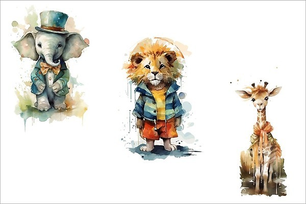 EPS 해외이미지 일러스트 코끼리 사람없음 귀여움 목도리 사자 기린 번짐 신사복 해외202309 해외일러스트 잡화 컨셉 포유류 정장 파일형식 벡터 효과