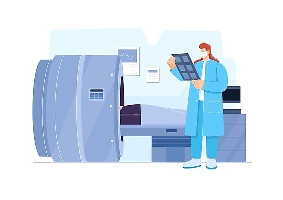 EPS 해외이미지 전신 여자 남자 일러스트 병원 들기 성인 두명 진료 환자 의사 건강검진 MRI 스캔 성인만 해외202309 해외일러스트 의학 의료기기 모션 사람 의료진 검사_조사 파일형식 벡터