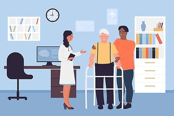 EPS 해외이미지 전신 여자 노년 남자 의자 일러스트 책장 들기 손짓 성인 책 세명 모니터 의사 잡기 도움 책상 물리치료사 보행기 서류판 재활 해외202309 해외일러스트 가구 컨셉 모션 사람 치료 컴퓨터 사무용품 의료진 치료사 파일형식 벡터