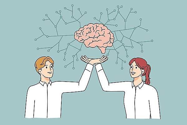 EPS 해외이미지 여자 남자 행복 일러스트 상반신 성인 두명 손들기 연결 뇌 성인만 해외202309 해외일러스트 감정 모션 사람 파일형식 벡터