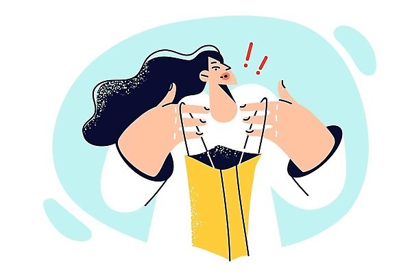 EPS 해외이미지 라이프스타일 여자 일러스트 한명 들기 상반신 성인 쇼핑백 놀람 오픈 확인 충격 성인여자한명만 해외202309 해외일러스트 1 감정 가방 모션 표정 사람 생활 여자한명만 성인여자만 파일형식 벡터