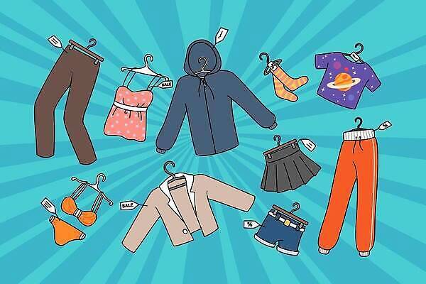 EPS 해외이미지 원피스 수영복 행복 하늘색 티셔츠 일러스트 바지 양말 한명 성인 쇼핑 치마 외투 상품 옷걸이 가격표 후드집업 해외202309 해외일러스트 1 옷 감정 셔츠 상의 하의 사람 파란색 겉옷 파일형식 벡터