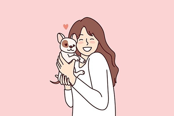 EPS 해외이미지 한마리 여자 반려견 일러스트 안기 사랑 한명 웃음 상반신 성인 반려동물 개 강아지 성인여자한명만 해외202309 해외일러스트 동물 1 감정 포유류 모션 표정 사람 여자한명만 성인여자만 파일형식 벡터