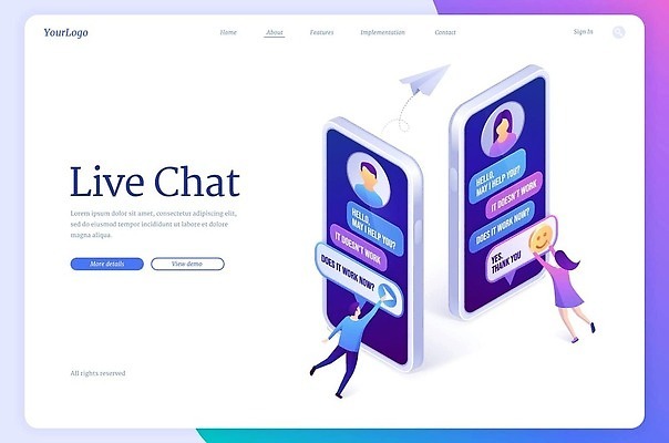 EPS 해외이미지 전신 여자 남자 일러스트 비즈니스 성인 두명 스마트폰 보라색 종이비행기 아이소메트릭 채팅 프로필 성인만 해외202309 해외일러스트 컬러 사람 핸드폰 스마트기기 종이접기 파일형식 벡터