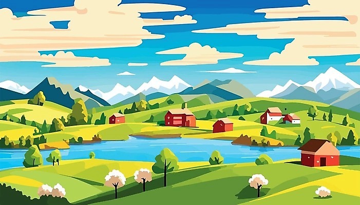 EPS 해외이미지 나무 호수 일러스트 하늘 산 주택 사람없음 초록색 마을 봄 분위기 언덕 해외202309 해외일러스트 식물 계절 컬러 컨셉 건물 파일형식 벡터