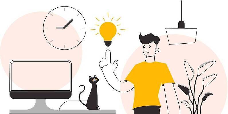 EPS 해외이미지 식물 남자 시계 일러스트 조명 한명 상반신 성인 빛 노란색 모니터 검은색 가리킴 작업실 라인아트 성인남자한명만 반려묘 해외202309 해외일러스트 1 선 컬러 사람 손짓 반려동물 컴퓨터 고양이 남자한명만 성인남자만 파일형식 벡터