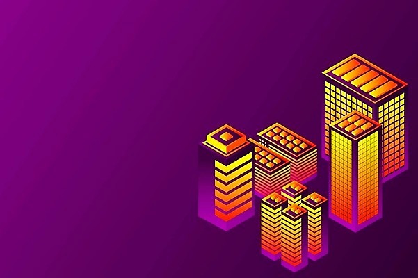 EPS 해외이미지 백그라운드 일러스트 빌딩 사람없음 건물 보라색 도시 네온 그라데이션 아이소메트릭 해외202309 해외일러스트 건축물 컬러 파일형식 벡터