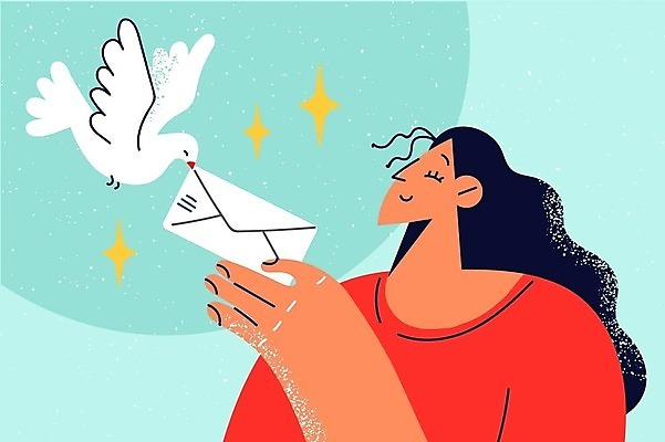 EPS 해외이미지 라이프스타일 여자 일러스트 조류 한명 들기 상반신 성인 반짝임 편지 우편물 전달 성인여자한명만 해외202309 해외일러스트 동물 1 모션 사람 생활 여자한명만 성인여자만 파일형식 벡터