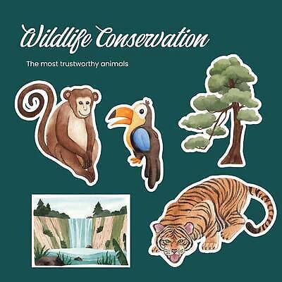 EPS 해외이미지 나무 동물 스티커 자연 사람없음 폭포 성장 원숭이 호랑이 열대우림 앵무새 해외202309 해외일러스트 식물 포유류 조류 숲 생태계 파일형식 벡터